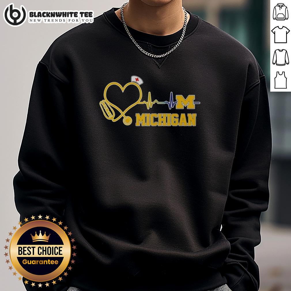 Awesome Michigan Wolverines Nurse Lover Heartbeat Baseball T-Shirt - Image 5