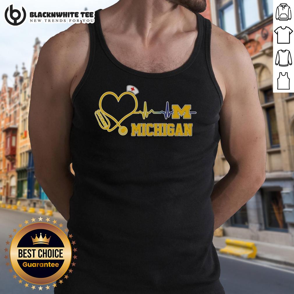 Awesome Michigan Wolverines Nurse Lover Heartbeat Baseball T-Shirt - Image 4