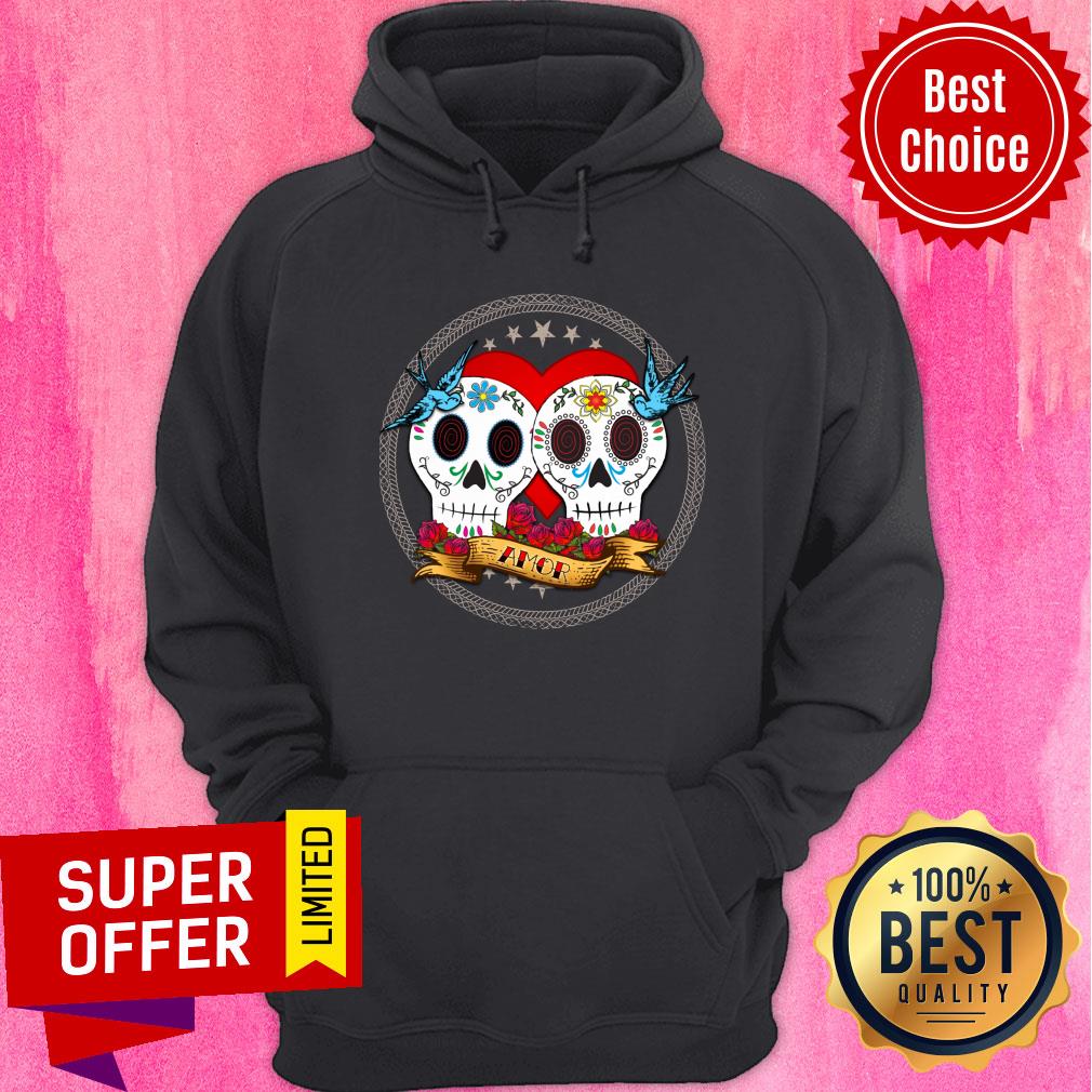 Amor Sugar Skull Couple Dia De Muertos Shirt - Image 5