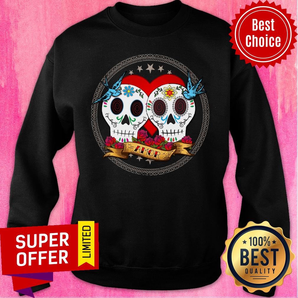 Amor Sugar Skull Couple Dia De Muertos Shirt - Image 4