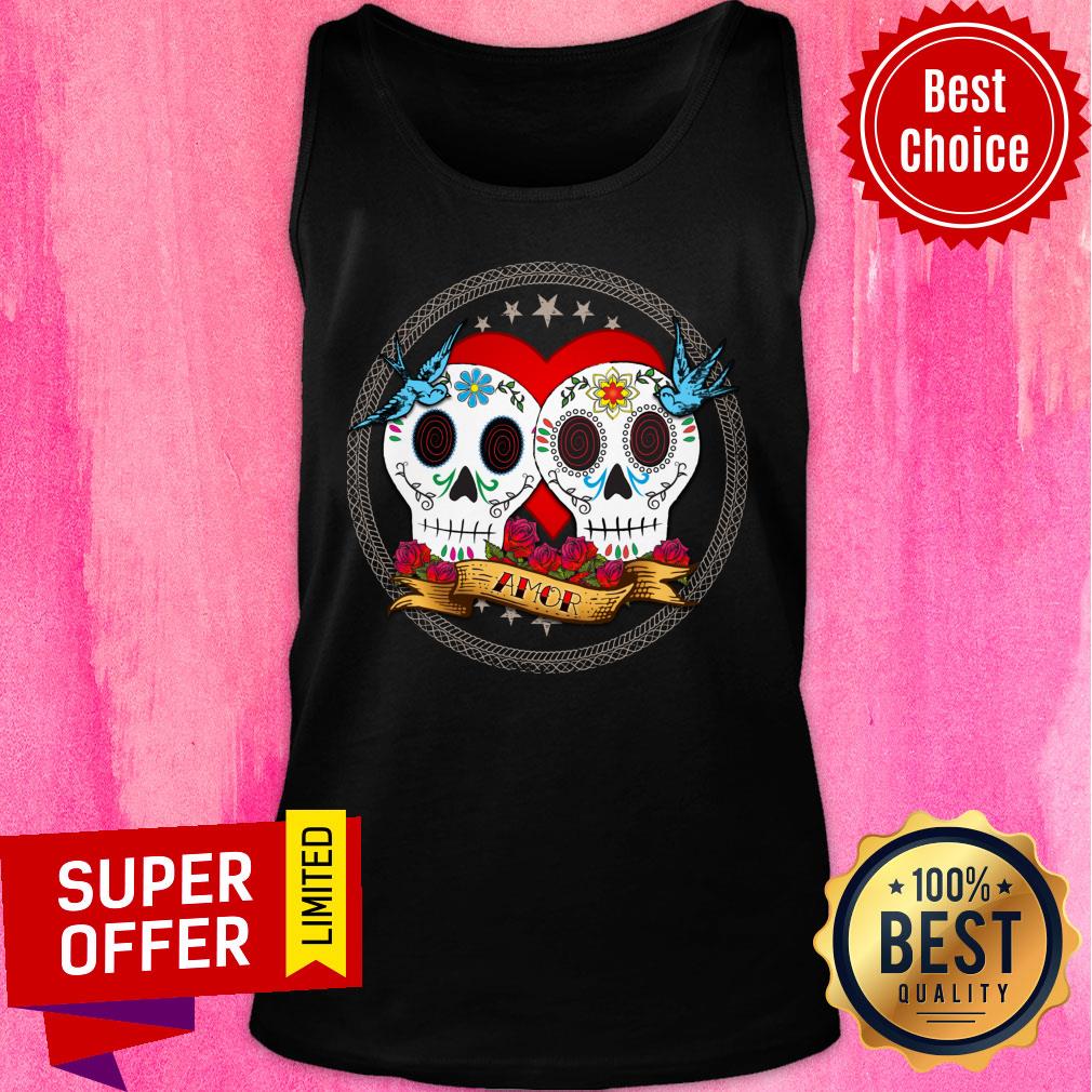 Amor Sugar Skull Couple Dia De Muertos Shirt - Image 3