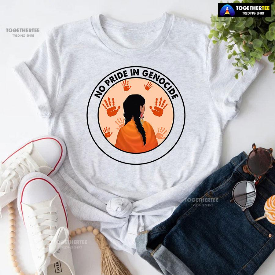 No Pride In Genocide Every Child Matters Orange Shirt Day Indigenous T-Shirt - Image 5