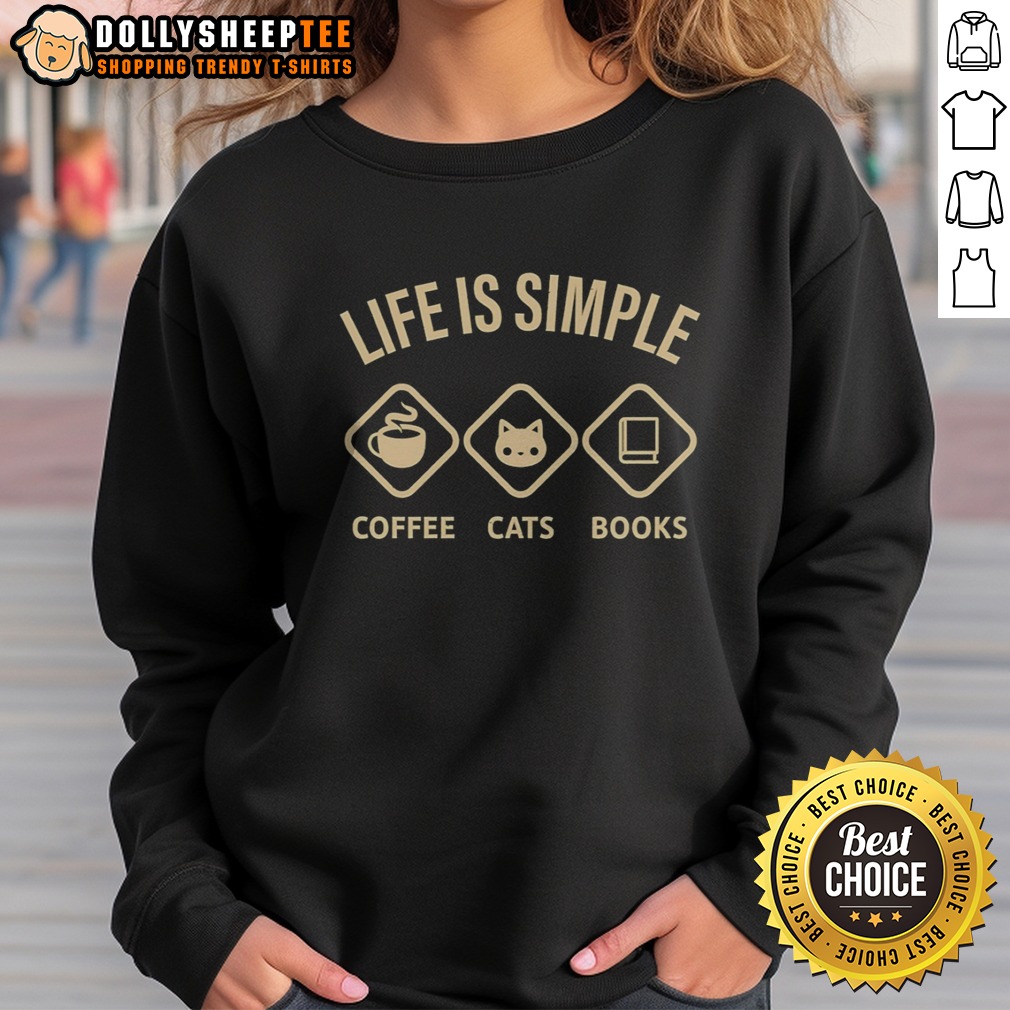 Pretty Life Is Simple Coffee Cats And Books Shirt - Image 4