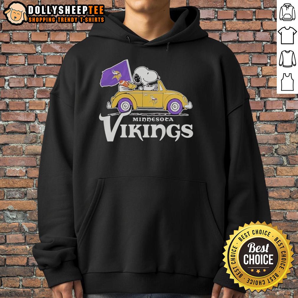 Nice Snoopy And Woodstock Riding Minnesota Vikings Football Car Logo T-Shirt - Image 2