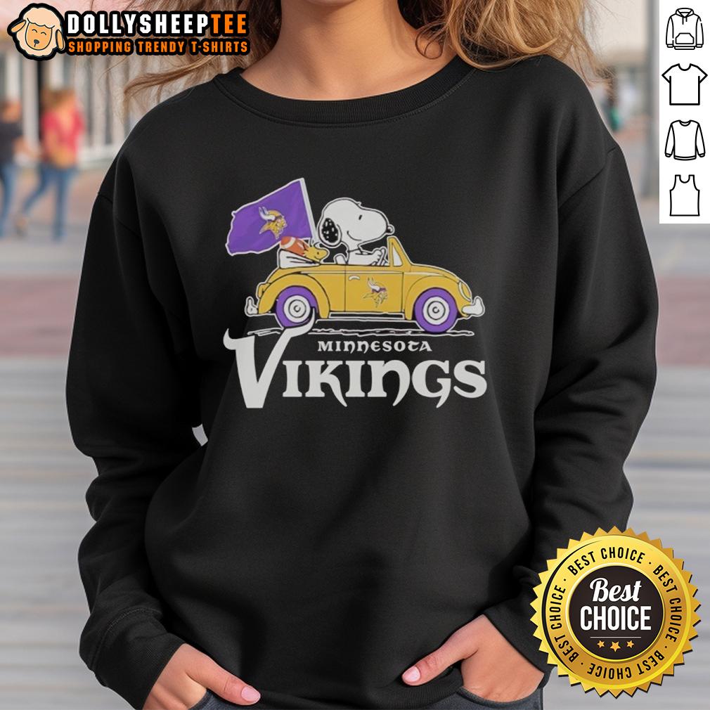 Nice Snoopy And Woodstock Riding Minnesota Vikings Football Car Logo T-Shirt - Image 5