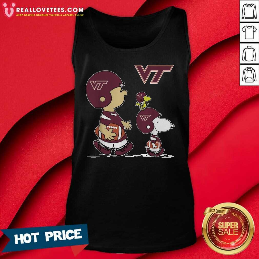 Pro The Peanuts Charlie Brown And Snoopy Woodstock Virginia Tech Hokies Football Shirt - Image 2