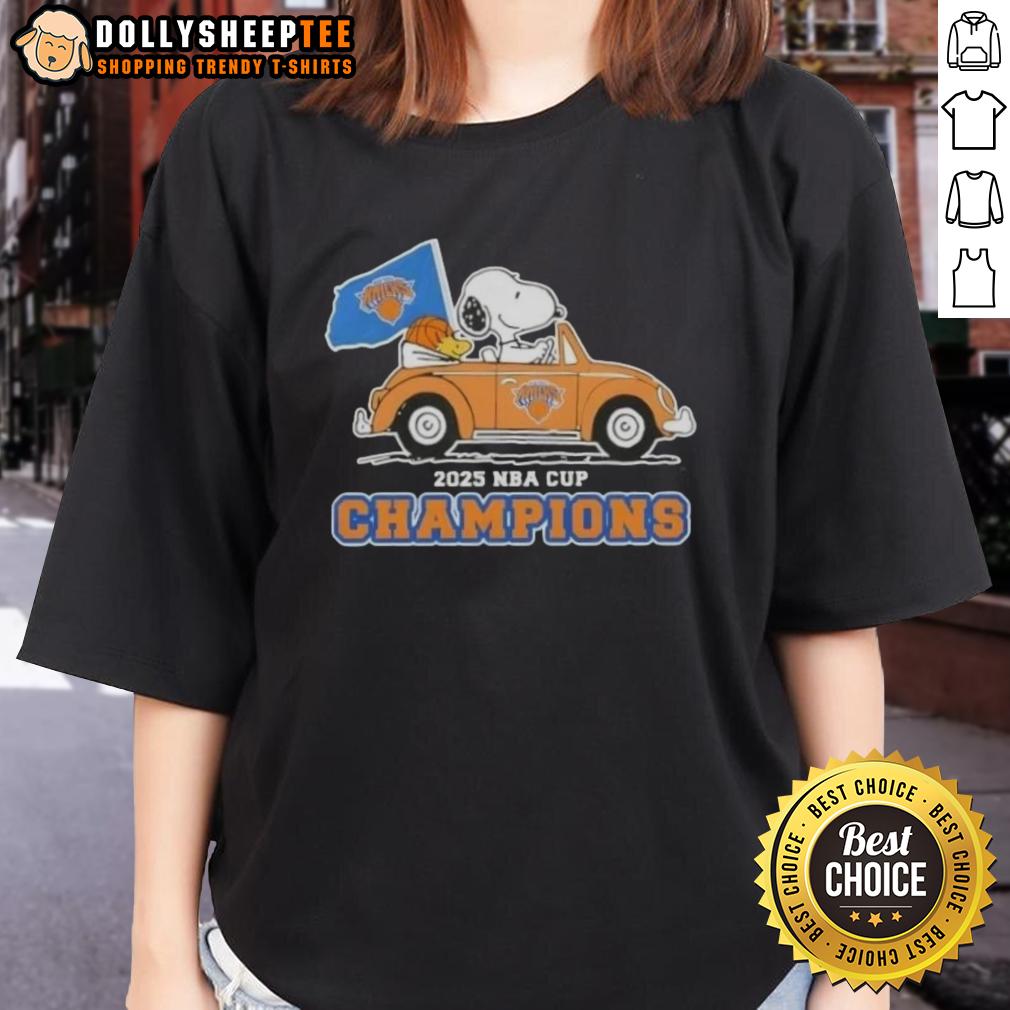 Nice Peanuts Snoopy Driving Car 2025 NBA Cup Champions New York Knicks T-Shirt - Image 3
