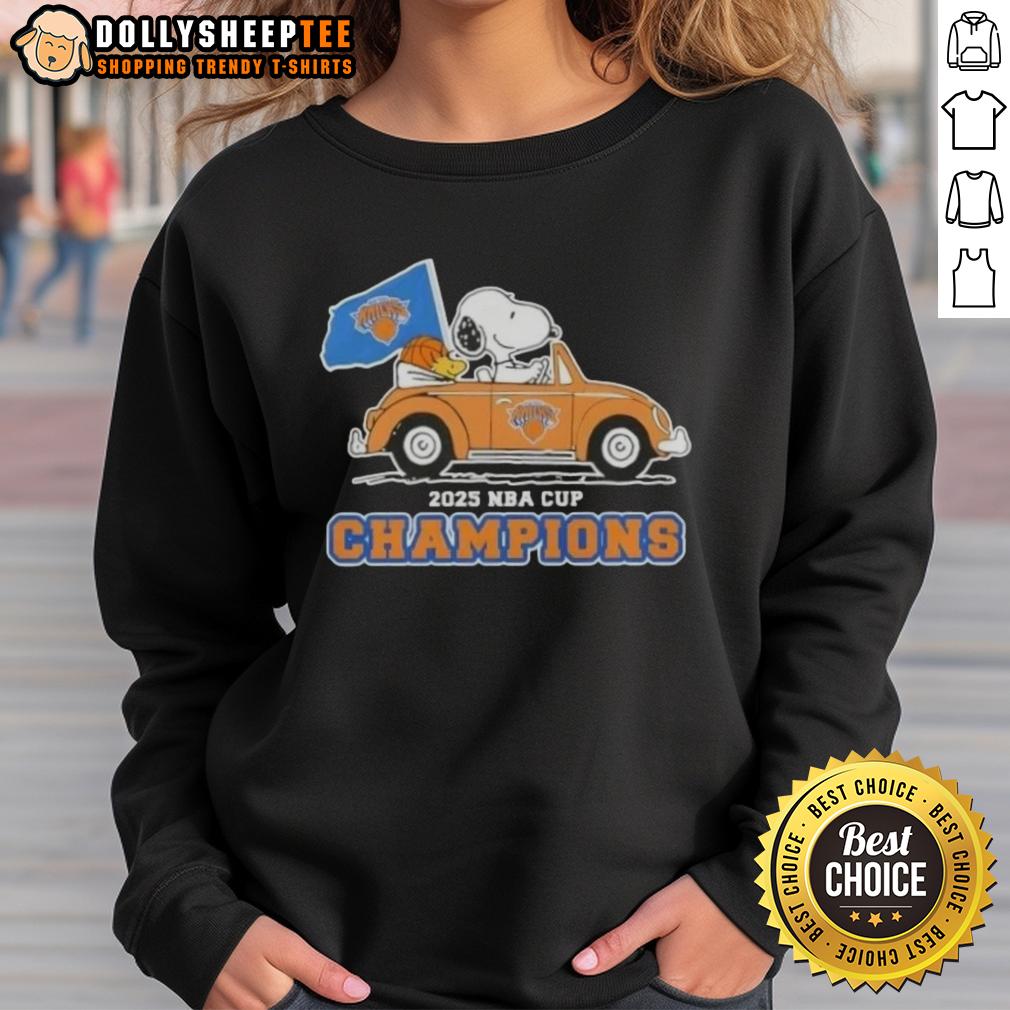 Nice Peanuts Snoopy Driving Car 2025 NBA Cup Champions New York Knicks T-Shirt - Image 5