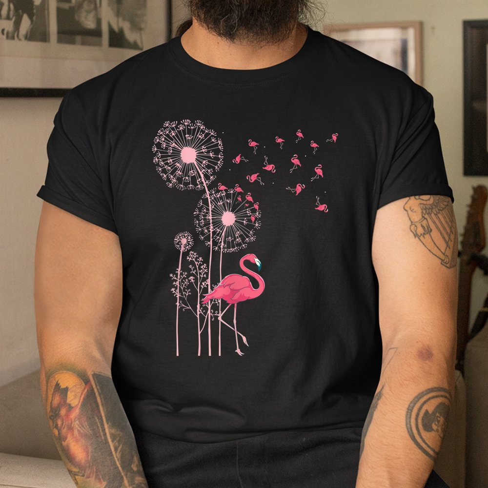 Flower Dandelion Exotic Animal Tropical Bird Pink Flamingo Shirt - Image 3