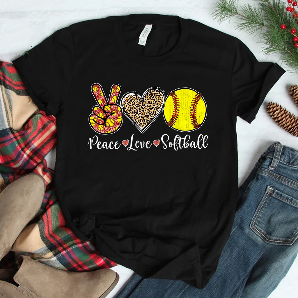 Peace Love Softball Leopard Softball Player Girl Shirt