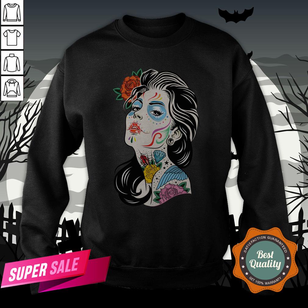 Sugar Skull Colorful Girl Dia De Los Muertos Day Dead Shirt - Image 4
