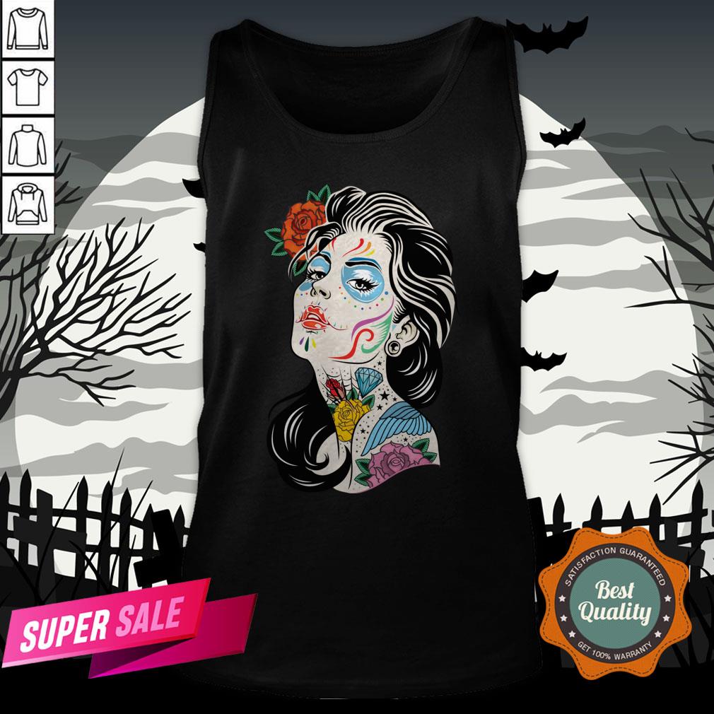Sugar Skull Colorful Girl Dia De Los Muertos Day Dead Shirt - Image 3