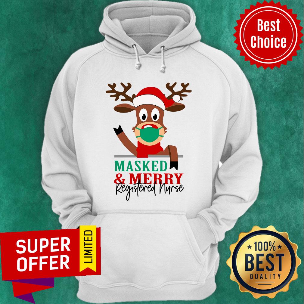 Nice Reindeer Face Mask Masked And Merry Registered Nurse Christmas Shirt - Image 2