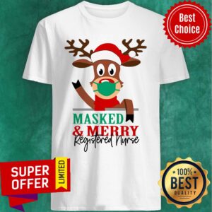 Nice Reindeer Face Mask Masked And Merry Registered Nurse Christmas Shirt