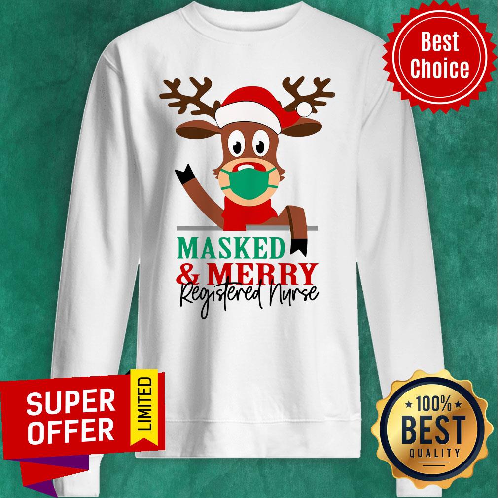 Nice Reindeer Face Mask Masked And Merry Registered Nurse Christmas Shirt - Image 5