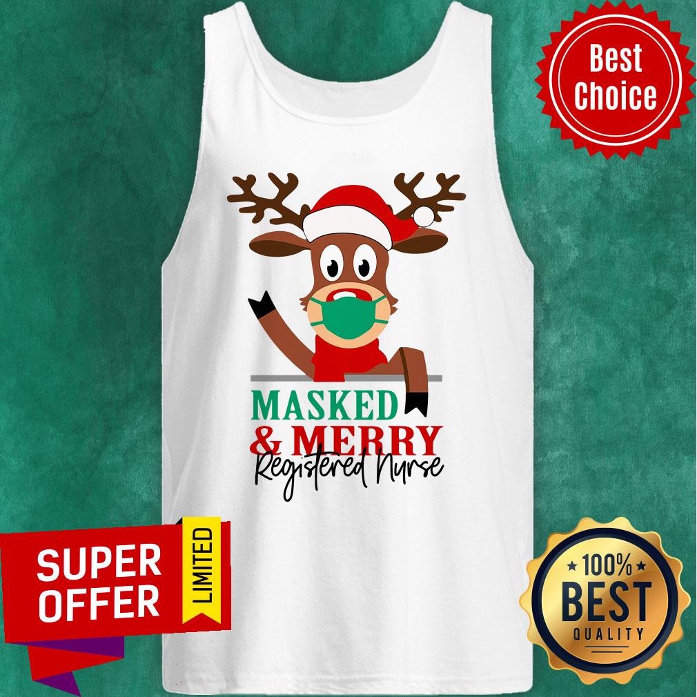 Nice Reindeer Face Mask Masked And Merry Registered Nurse Christmas Shirt - Image 4