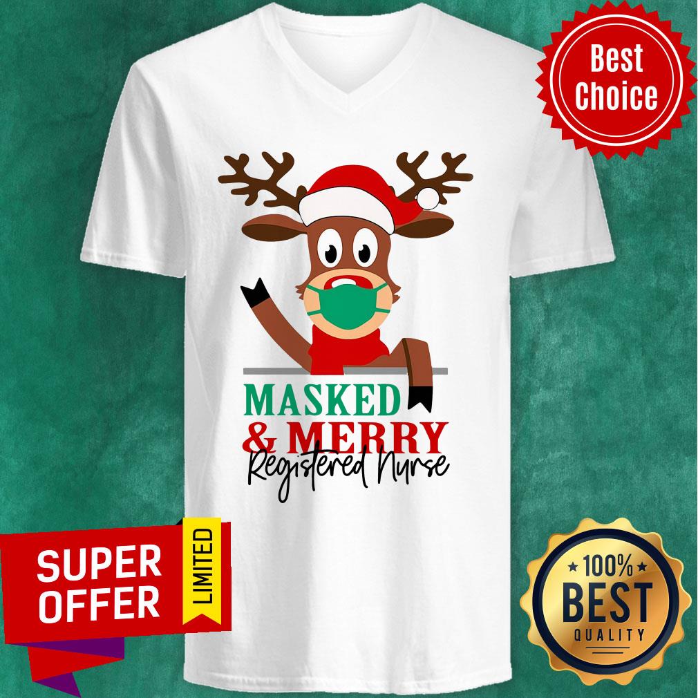 Nice Reindeer Face Mask Masked And Merry Registered Nurse Christmas Shirt - Image 3