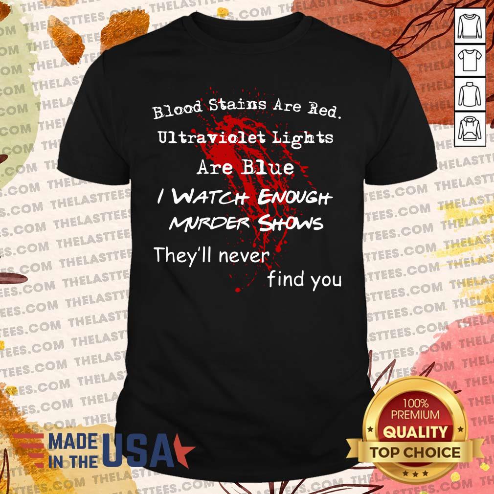 Top Blood Stains Are Red Ultraviolet Lights Are Blue I Watch Enough Murder Shows They'Ll Never Find You Shirt