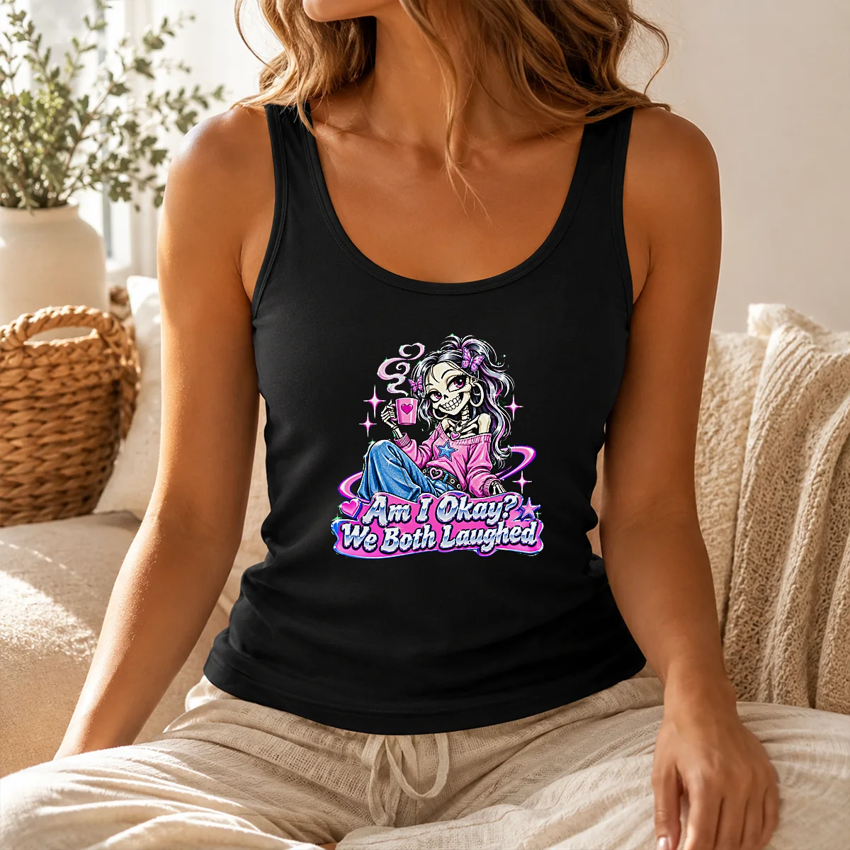 Good Original Am I Okay We Both Laughed Skeleton Girl Halloween Shirt - Image 3