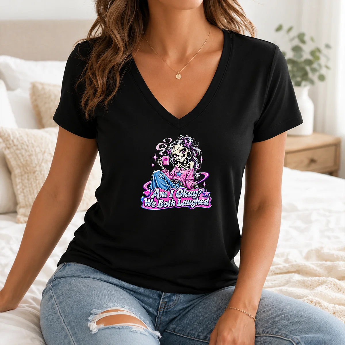 Good Original Am I Okay We Both Laughed Skeleton Girl Halloween Shirt - Image 2