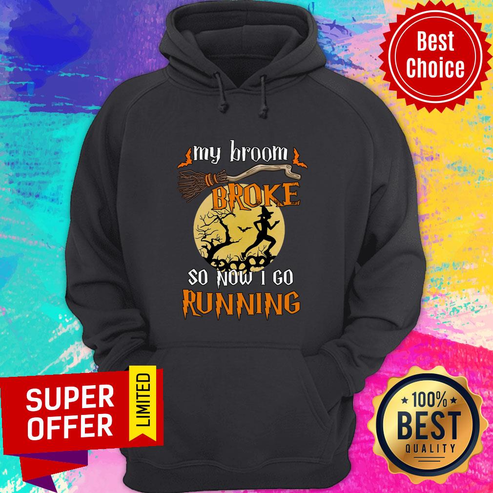 My Broom Broke So Now I Go Running Light Moon Halloween Shirt - Image 3