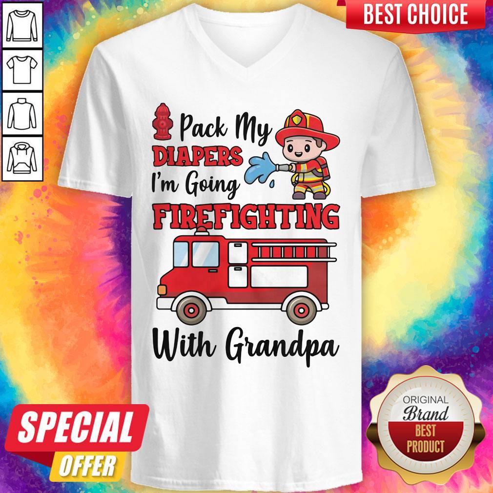 Nice Pack My Diapers I'm Going Firefighting With Grandpa Firefighter Fire Truck Shirt - Image 2