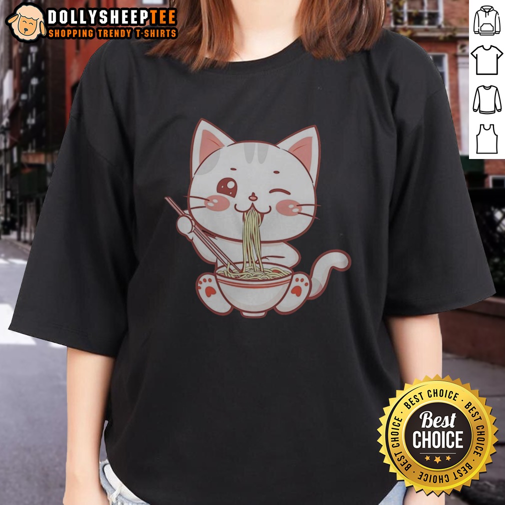 Funny Kawaii Ramen Eating Cat Bowl Noodles Japanese Anime Food Lover Shirt - Image 3