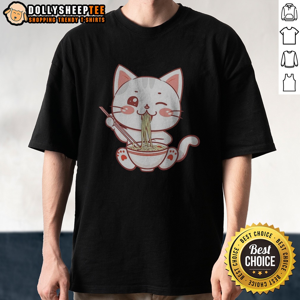 Funny Kawaii Ramen Eating Cat Bowl Noodles Japanese Anime Food Lover Shirt