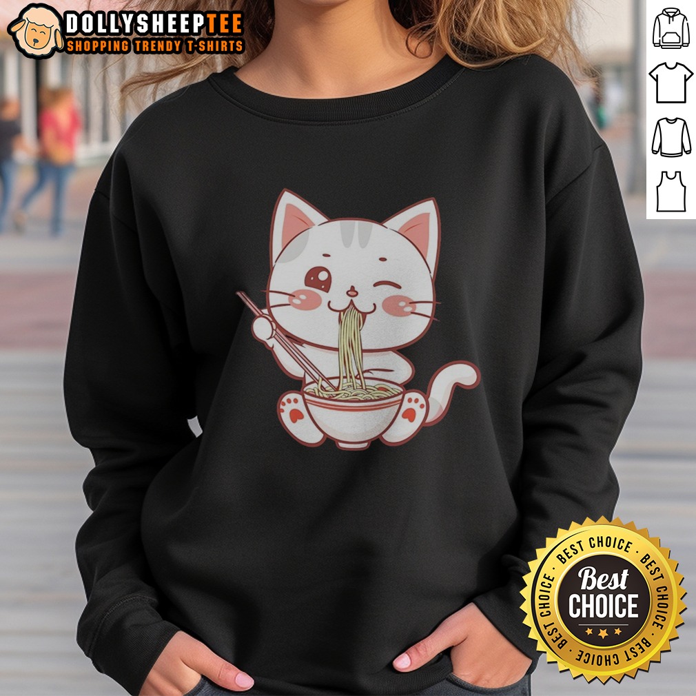 Funny Kawaii Ramen Eating Cat Bowl Noodles Japanese Anime Food Lover Shirt - Image 4