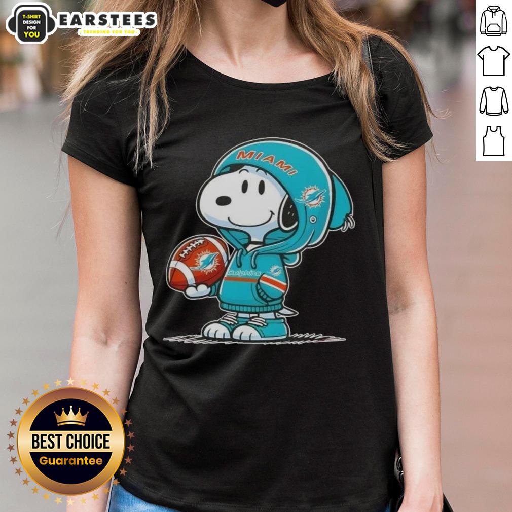 Cute Peanuts Snoopy Wearing Hoodie Miami Dolphins And Smilling At Fans T-Shirt - Image 3