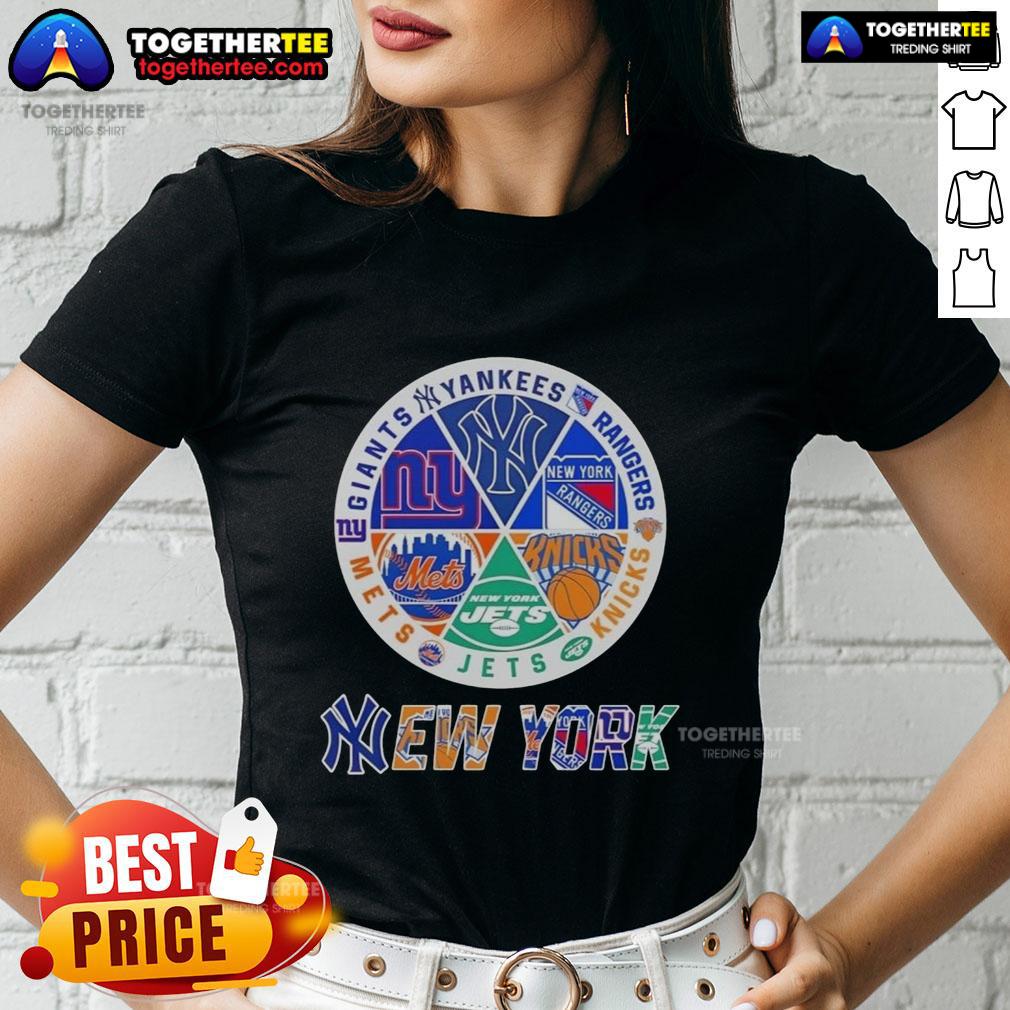 Nice New York City Sports Yankees Rangers Knicks Jets Mets Giants Logos Combine T-Shirt - Image 3