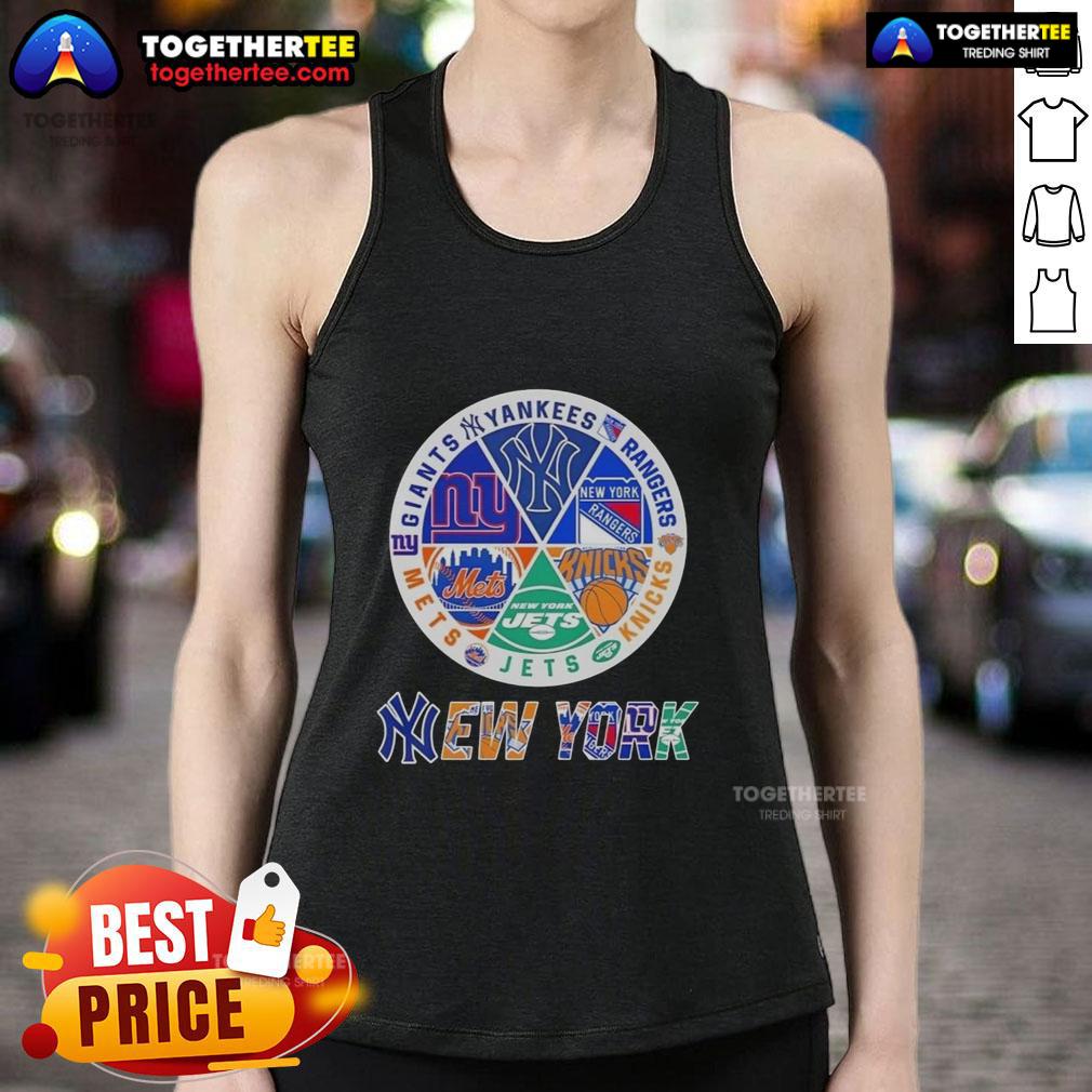 Nice New York City Sports Yankees Rangers Knicks Jets Mets Giants Logos Combine T-Shirt - Image 4