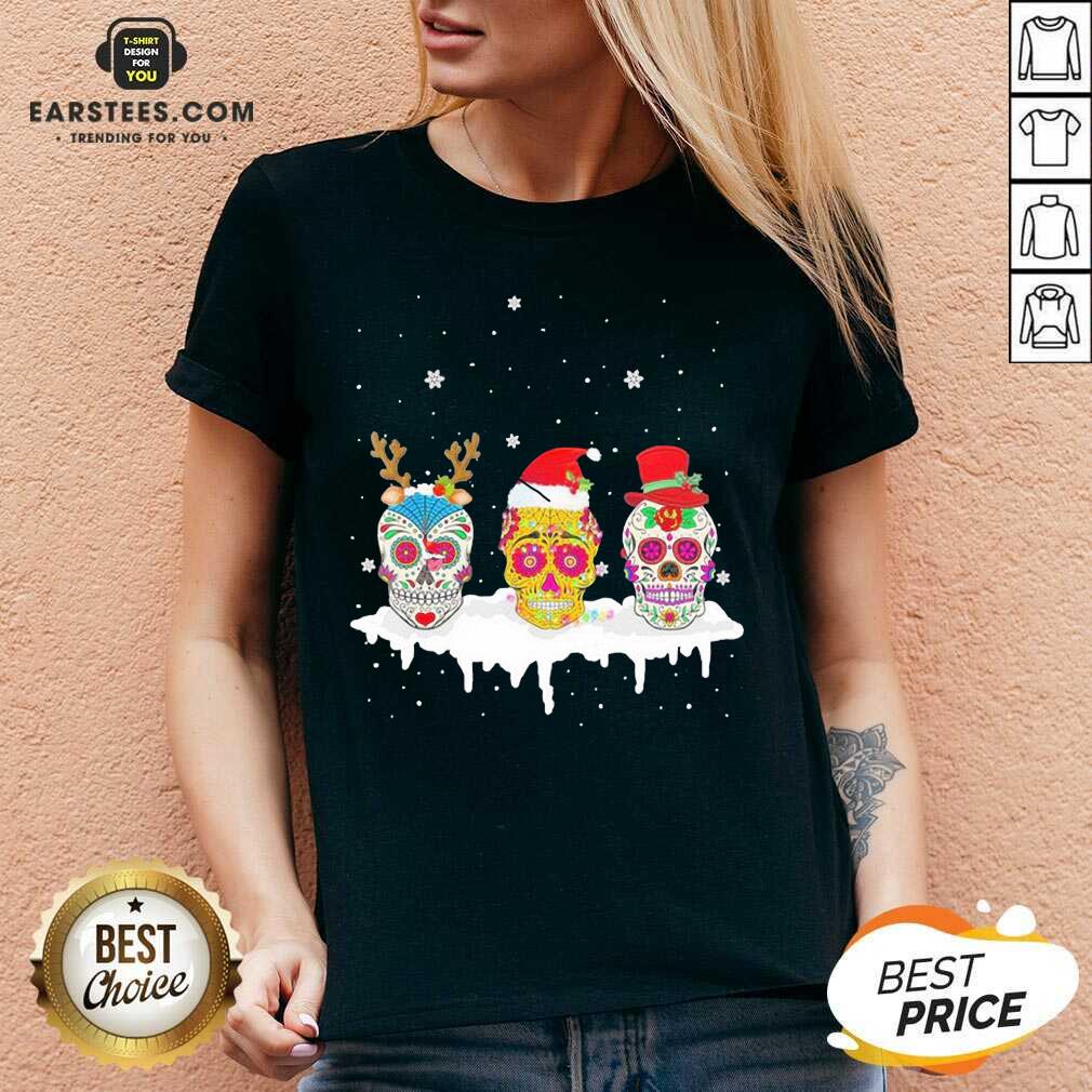 Official Sugar Skull Christmas Reindeer Santa Hat Xmas Shirt - Image 4