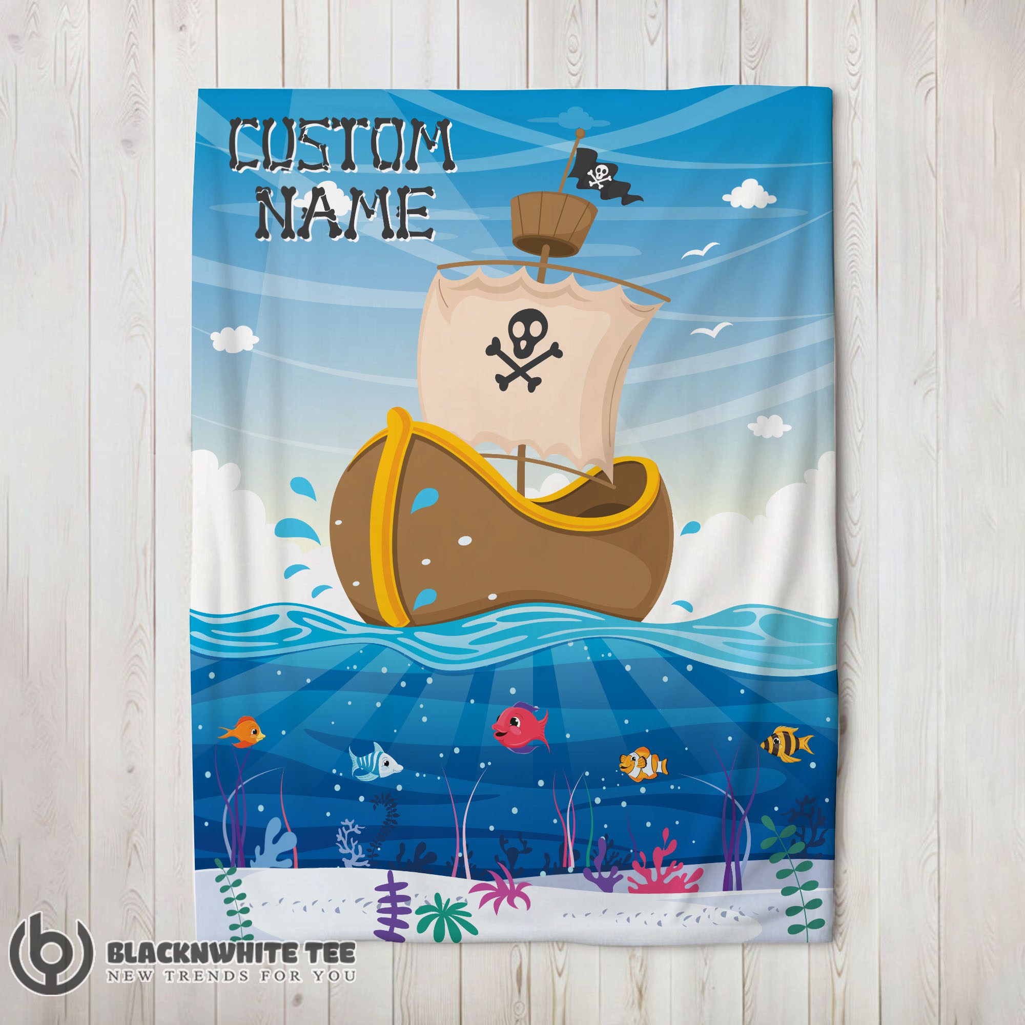 Awesome Good Pirate Ship At Sea Fish Underwater Blanket Fleece Customized Blanket