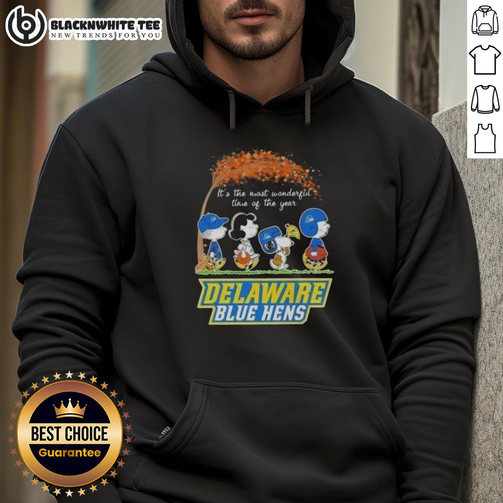 Good Peanuts Snoopy And Friends It's The Most Wonderful Time Of The Year Delaware Blue Hens T-Shirt - Image 2