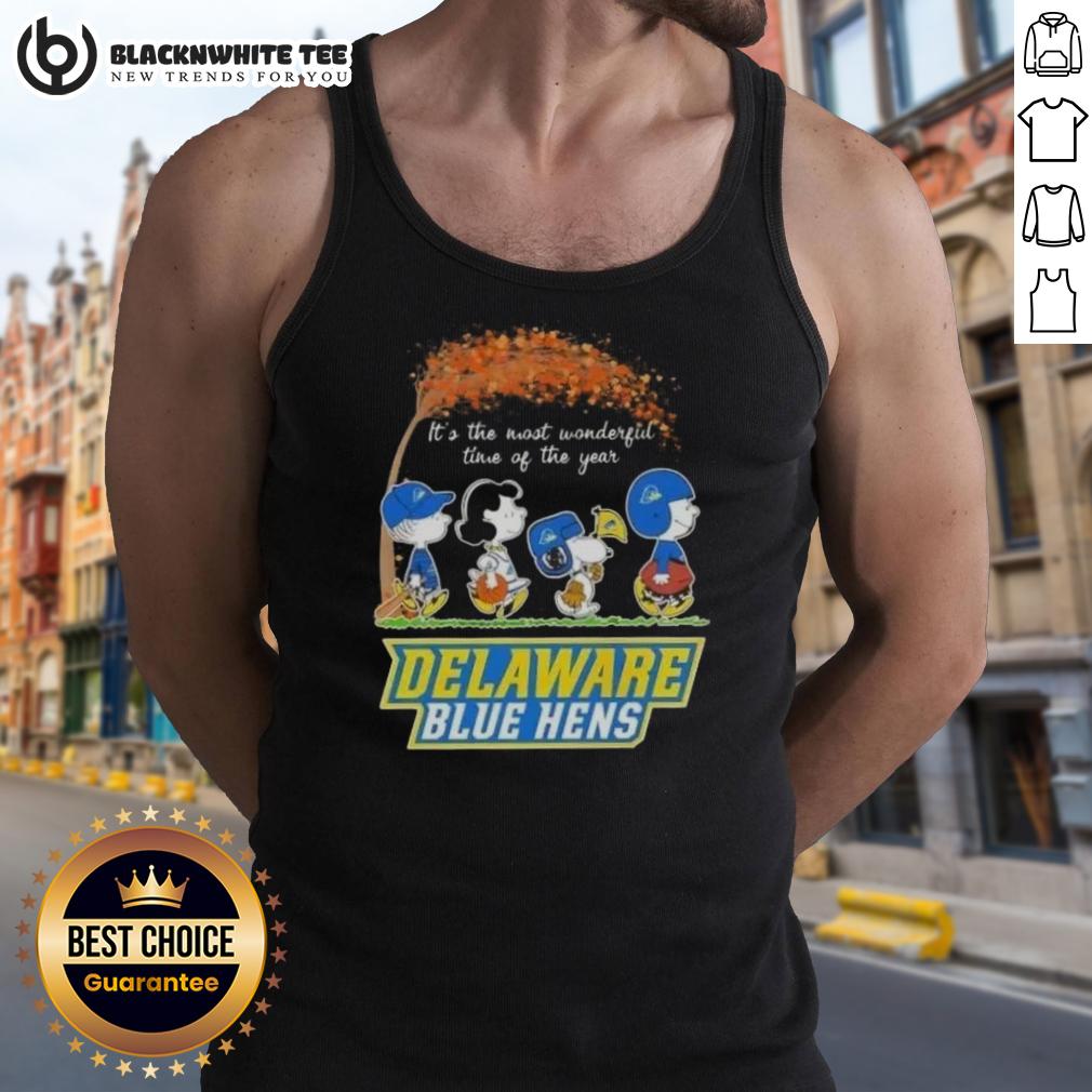 Good Peanuts Snoopy And Friends It's The Most Wonderful Time Of The Year Delaware Blue Hens T-Shirt - Image 4