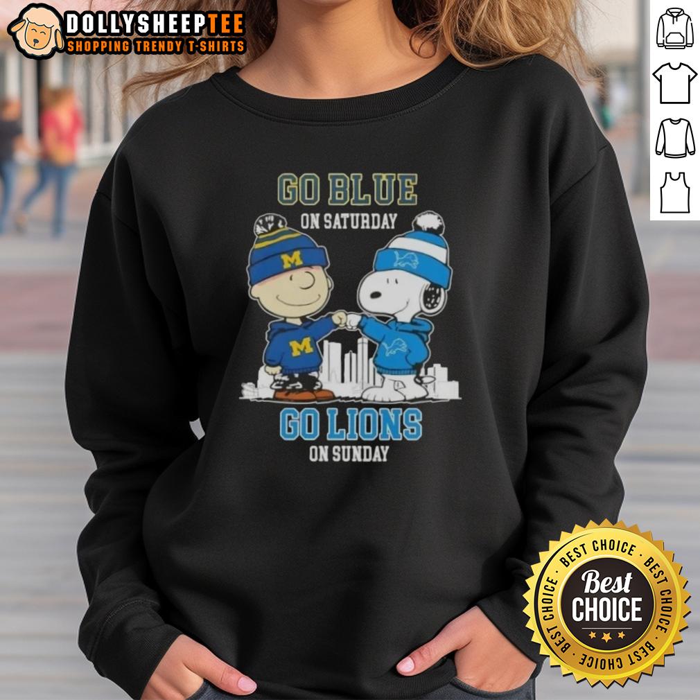 Nice Charlie Brown Fist Bump Snoopy Go Blue On Saturday Go Detroit Lions On Sunday Skyline T-Shirt - Image 5