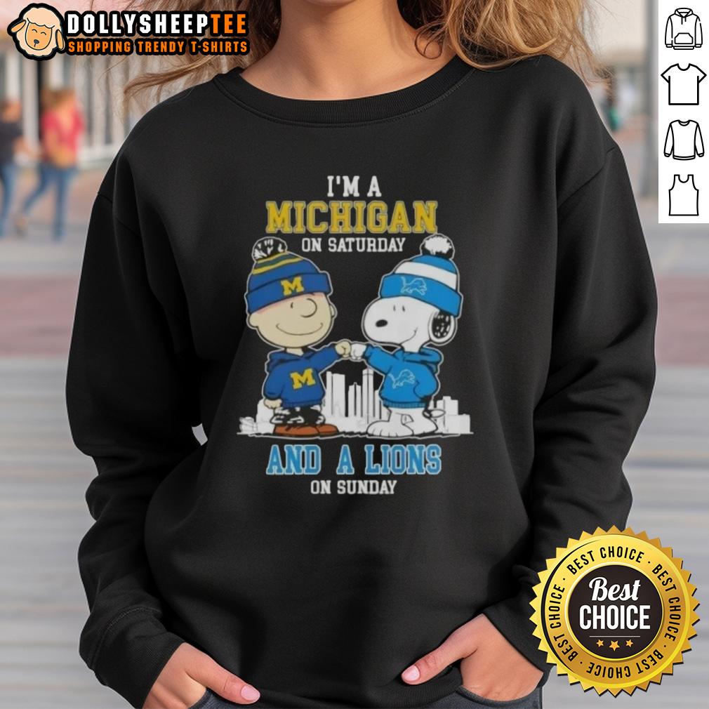 Nice Charlie Brown Fist Bump Snoopy I'm A Michigan On Saturday And A Detroit Lions On Sunday Skyline T-Shirt - Image 5