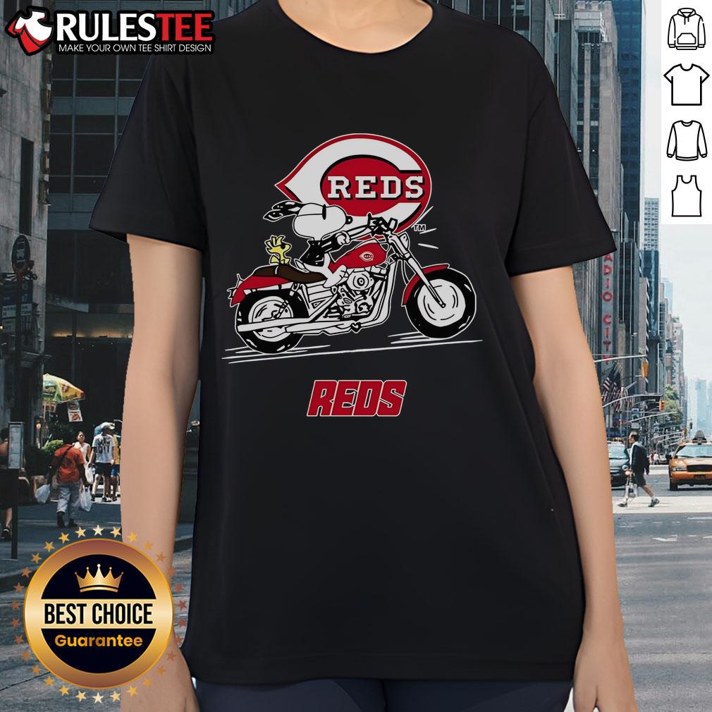 Awesome Snoopy And Woodstock Driving Motorbike Cincinnati Reds T-Shirt - Image 3