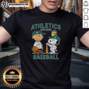 Top Charlie Brown Snoopy And Woodstock With Oakland Athletics Baseball Jersey Est 1901 T-Shirt