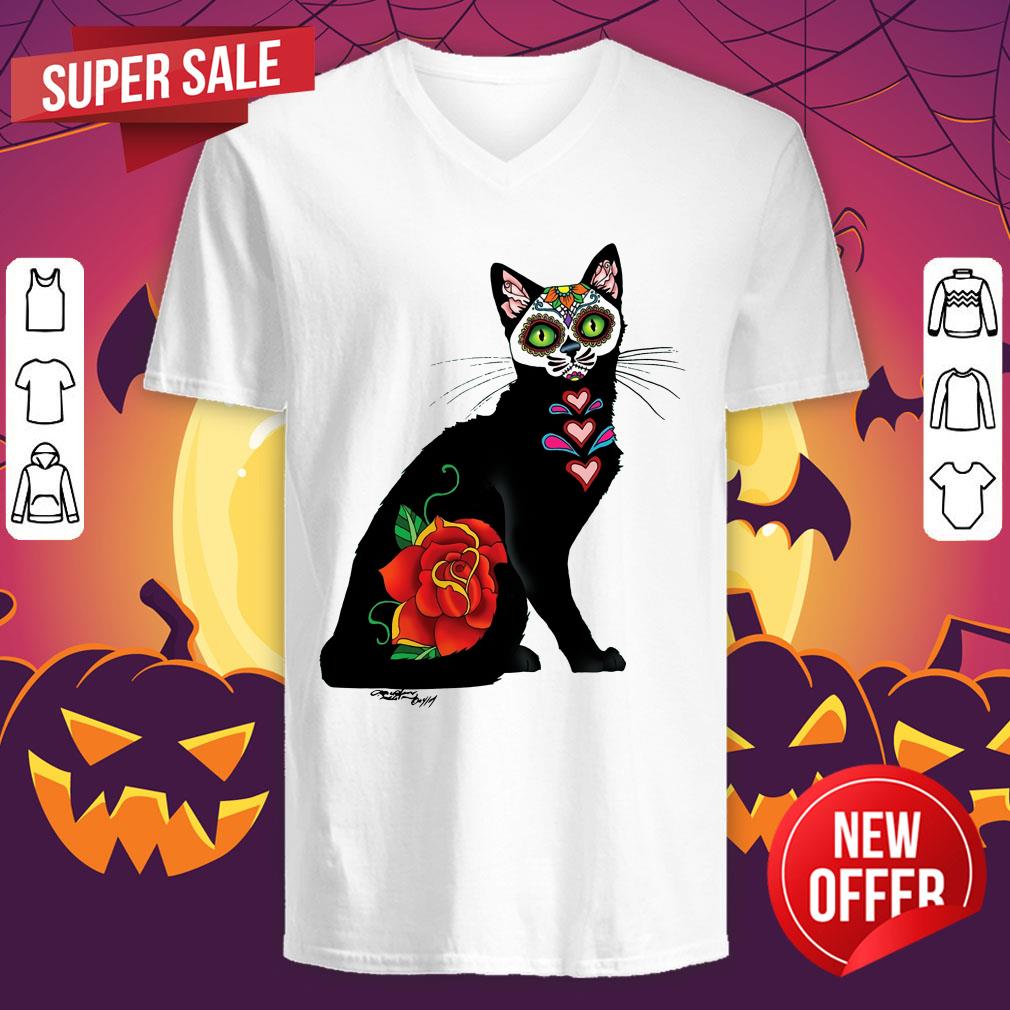 Cat Make Sugar Skull With Rose Day Of The Dead Shirt - Image 4
