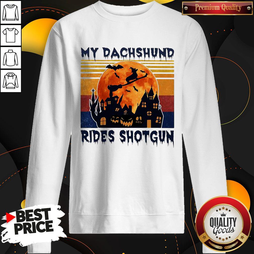 Hot Halloween My Dachshund Rides Shotgun Moon Vintage Retro Shirt - Image 4