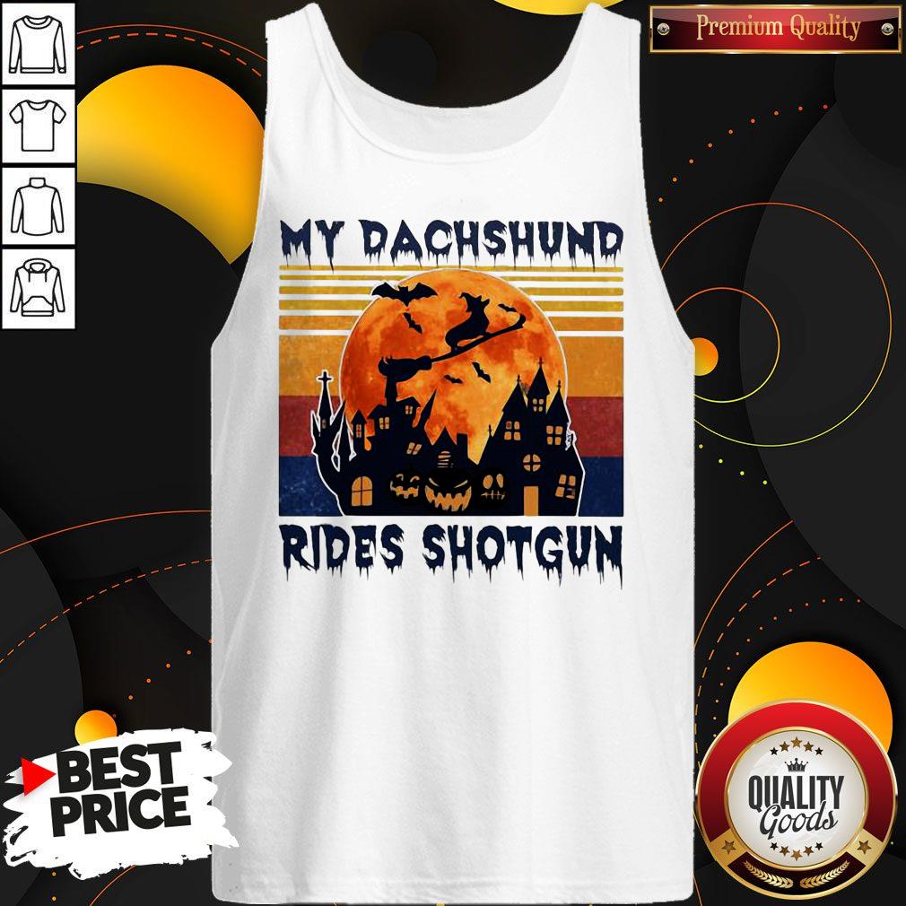 Hot Halloween My Dachshund Rides Shotgun Moon Vintage Retro Shirt - Image 3