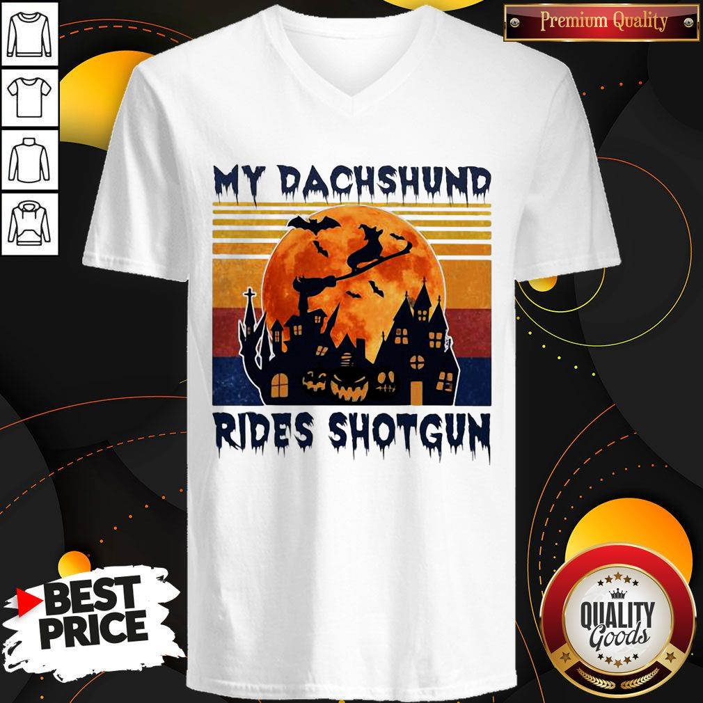 Hot Halloween My Dachshund Rides Shotgun Moon Vintage Retro Shirt - Image 2
