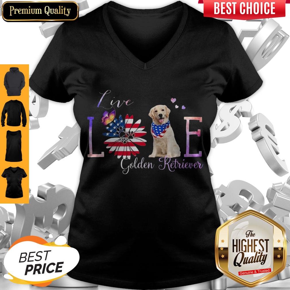 Funny Golden RetRiever Live Love Paw Sunflower American Flag Veteran Independence Day Shirt - Image 2