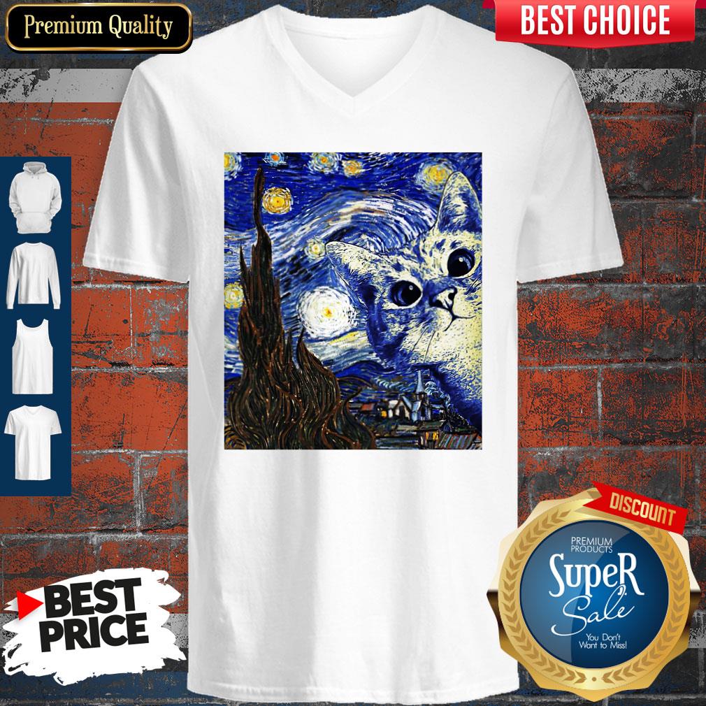 Premium Cat Kitten Van Gogh Starry Night Shirt - Image 3