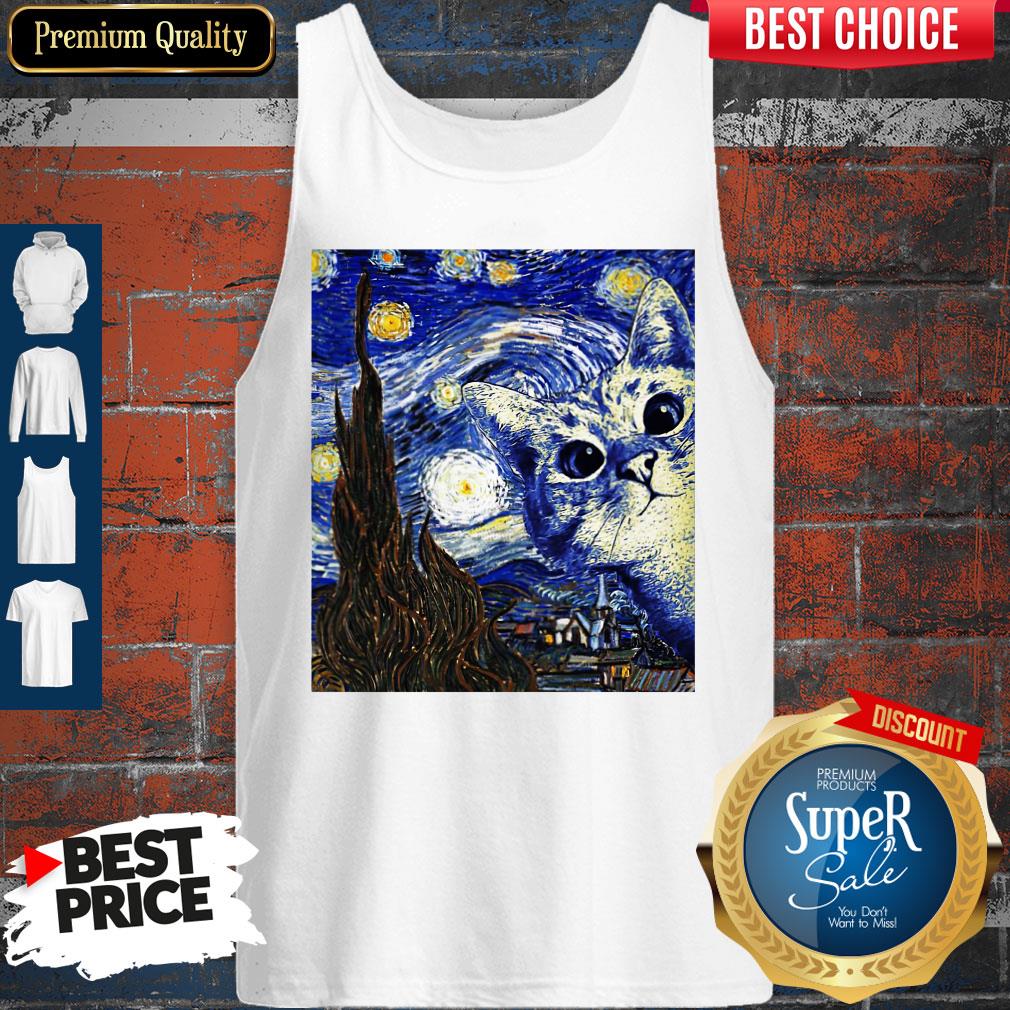 Premium Cat Kitten Van Gogh Starry Night Shirt - Image 2