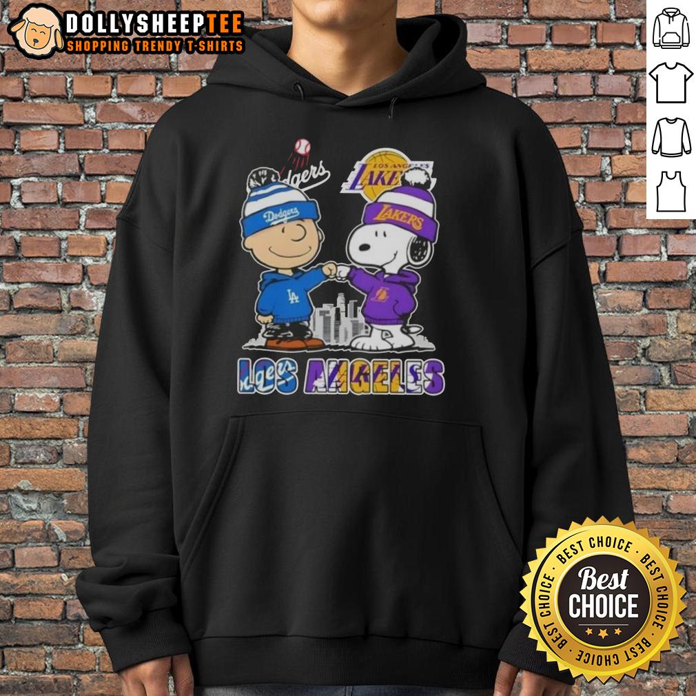 Top Snoopy And Charlie Brown Los Angeles Sports Dodgers X Lakers Skyline T-Shirt - Image 2