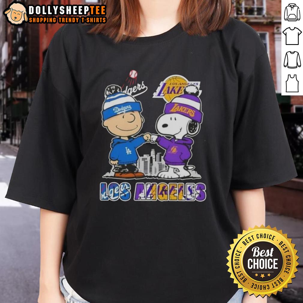 Top Snoopy And Charlie Brown Los Angeles Sports Dodgers X Lakers Skyline T-Shirt - Image 3