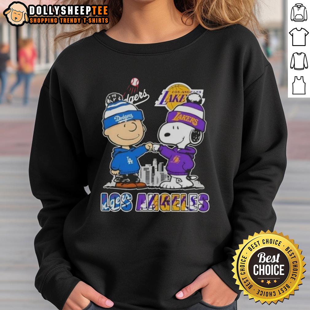 Top Snoopy And Charlie Brown Los Angeles Sports Dodgers X Lakers Skyline T-Shirt - Image 5